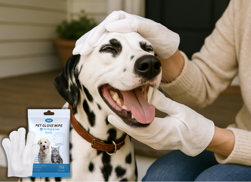 Package of hypoallergenic pet glove wipes for dogs and cats, 6 pieces per pack, for gentle cleaning and deodorising.